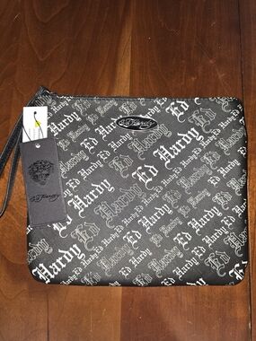 Ed Hardy NWT Black Logo Print Wristlet Pouch